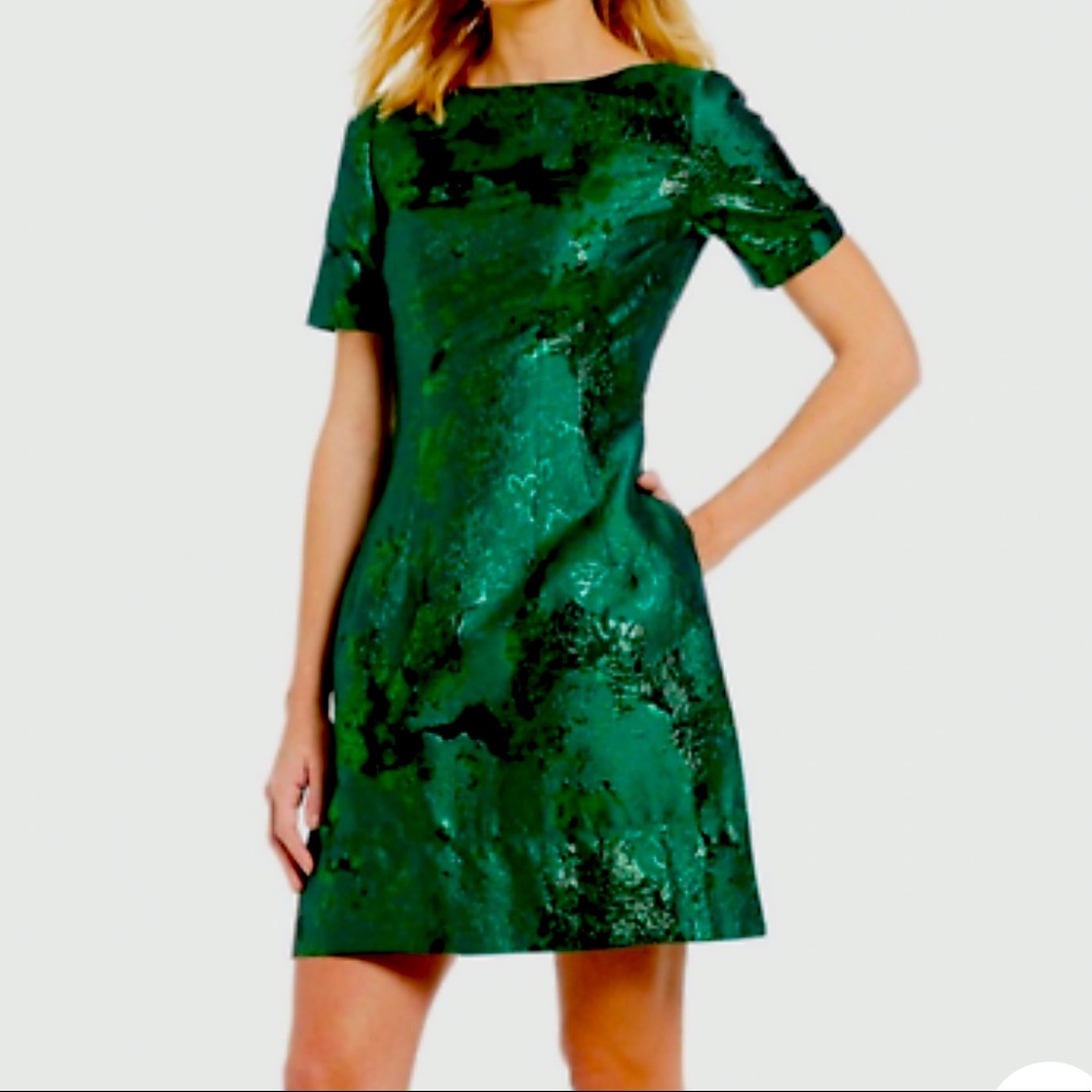 BELLE by BADGLEY MISHKA Jade Emerald Green Scoop Back Jacquard Dress